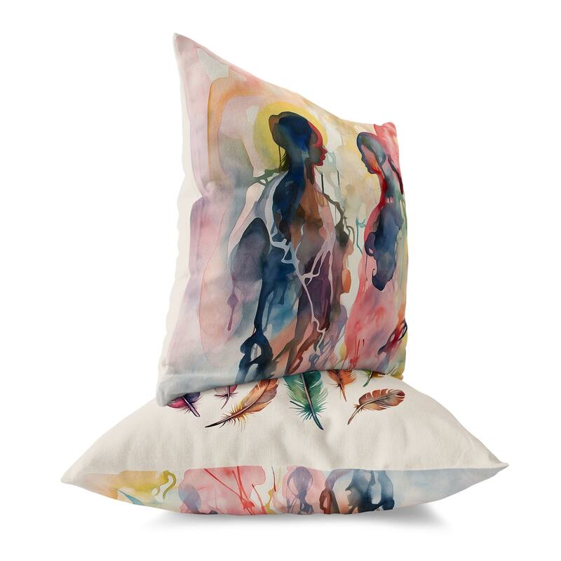 Pink And Multi Two Human Feathers Faux Suede Throw Pillow Zipper