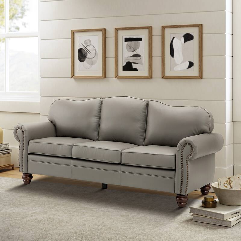 Balvino 81" Wide Transitional Genuine Leather Rolled Arm Sofa with Nailhead Trim and Removable Cushions - GREY