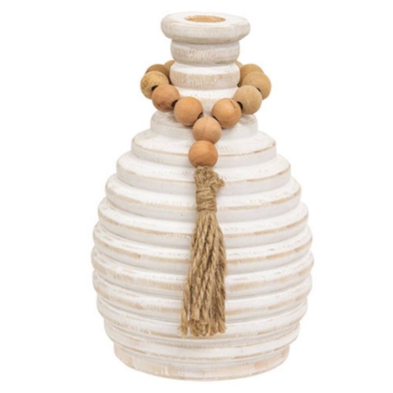 White Wooden Beaded Athens Vase Distressed Accent - 7-Inch