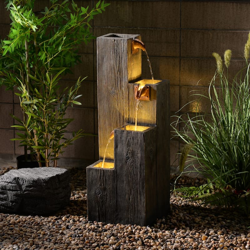 LED Lighted Cascading Wooden Textured Outdoor Garden Water Fountain - 33.75"