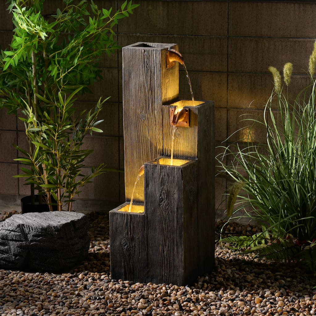 LED Lighted Cascading Wooden Textured Outdoor Garden Water Fountain - 33.75"