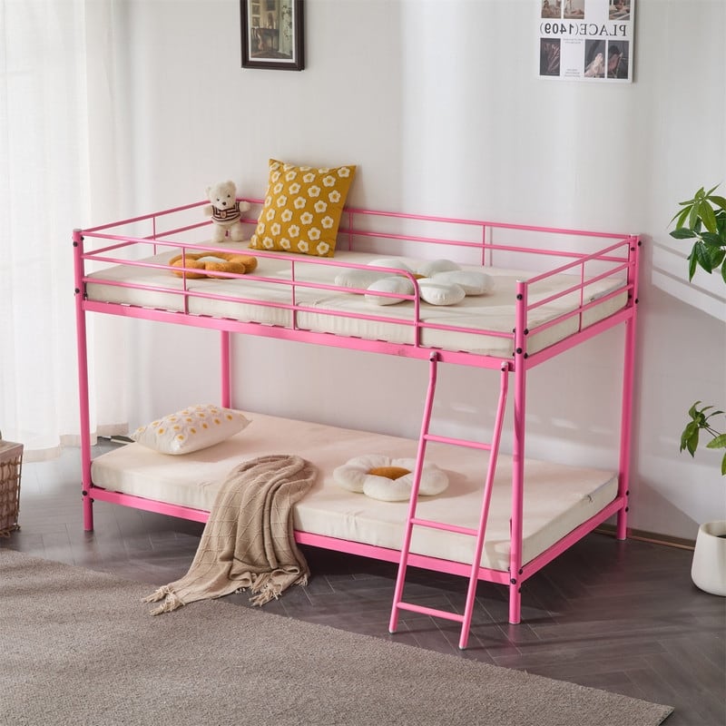 Twin Round Pipe Bunk Low Bed Guardrail Angled Ladder Iron Bed USA - Pink
