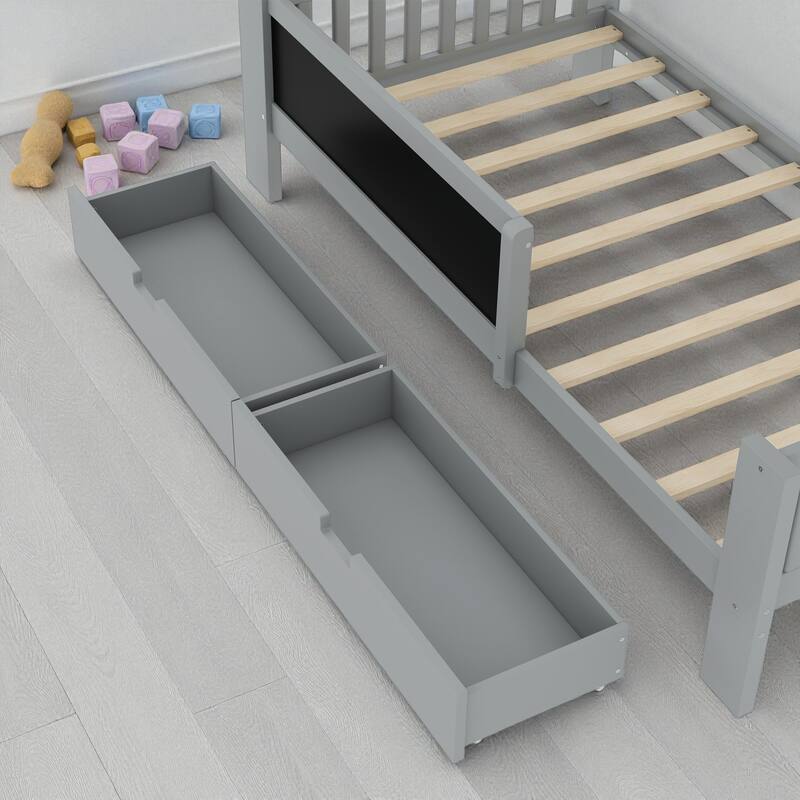 Twin/Full Solid Wood Platform Bed with Chalkboard Headboard, Storage Drawers and Shelves, Space-Saving Kids Bed