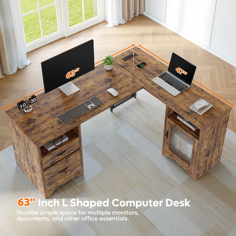 Bestier 63 Inch L Shaped Computer Desk with Power Outlets, Office Desk with Drawers, Glass Door Storage Cabinet & Open Storages