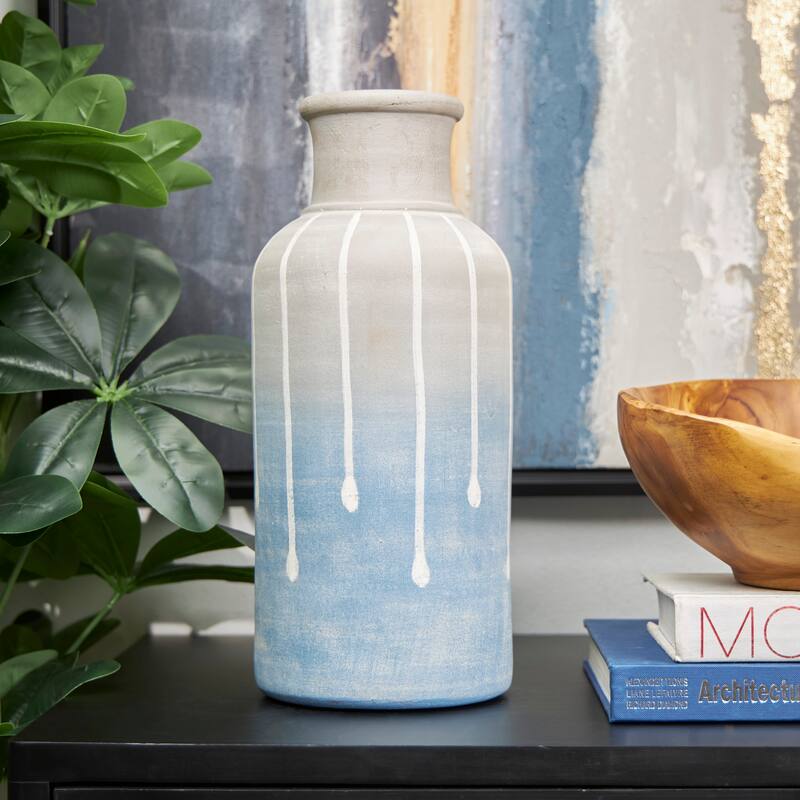 Blue Ceramic Abstract Ombre Drip Vase with Gray and White Accents - Blue - 6"W, 15"H
