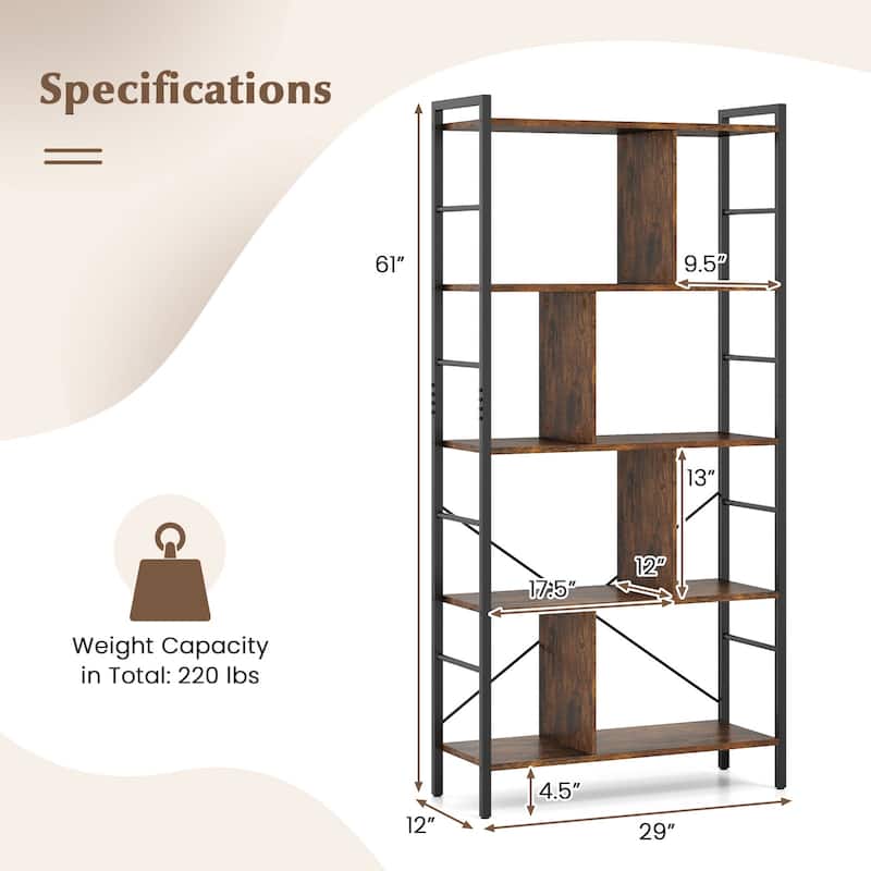 Gymax 61'' 5-Tier Bookshelf w/Metal Frame 2 Anti-Tipping Devices for
