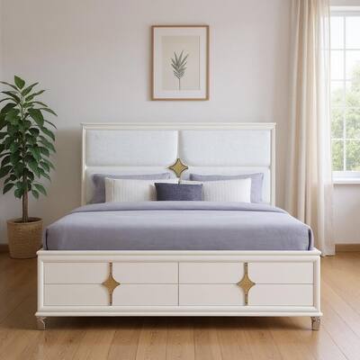 HomeRoots Gold and White Wood And Upholstery Lighted Queen Bed Frame