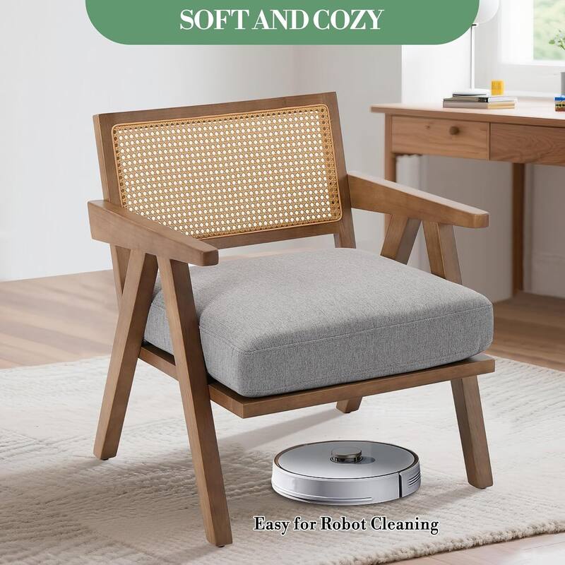 Mid-Century Farmhouse Accent Chair with Rattan Backrest for Living Room, Bedroom