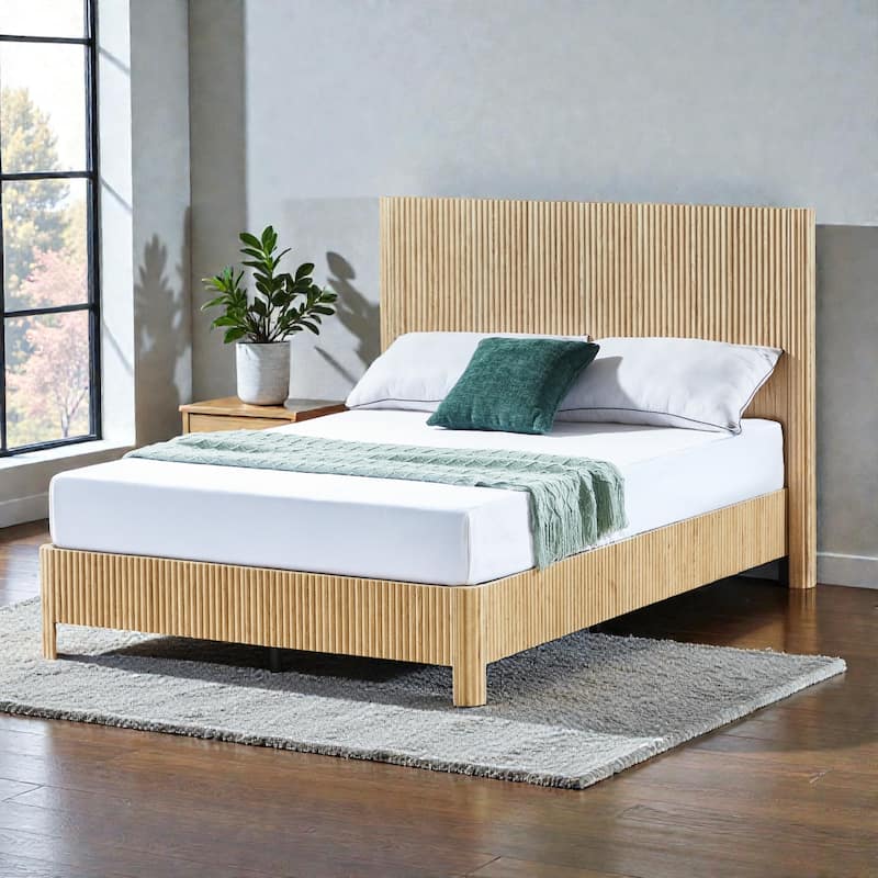 Wood Bed Frame with Corrugated Curved Wood Panels, Heavy Duty Metal Support, No Box Spring Needed