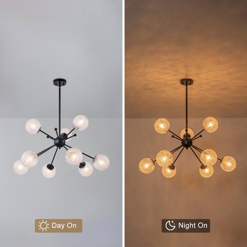 31.5" 9-Light Modern Black Sputnik Pendant Light Pineapple Glass Globe - Dia.31.5-in
