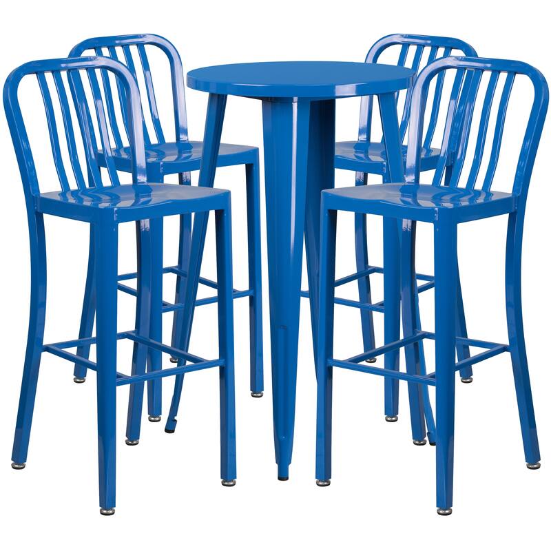 24'' Round Metal Indoor-Outdoor Bar Table Set with 4 Vertical Slat Back Stools