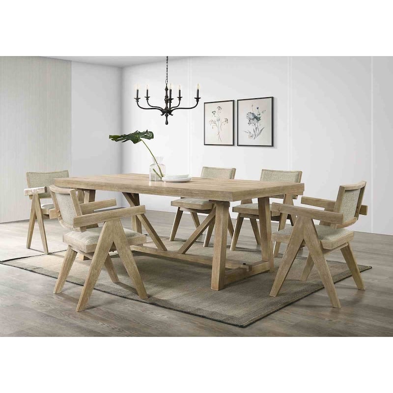 7PC Dining Set Modern Oak Finish Table and Upholstered Chairs