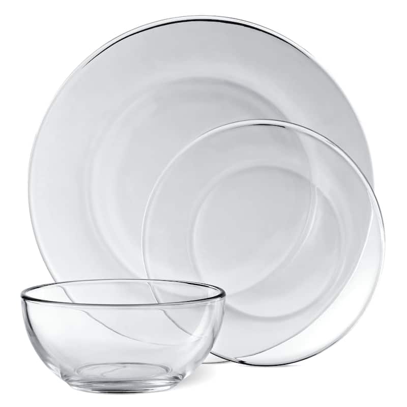 Set for 12 Contemporary Clear Glass Dinnerware With Salad Plates, Dinner Plates and Bowls - 10.5” x 10.5” x 8”