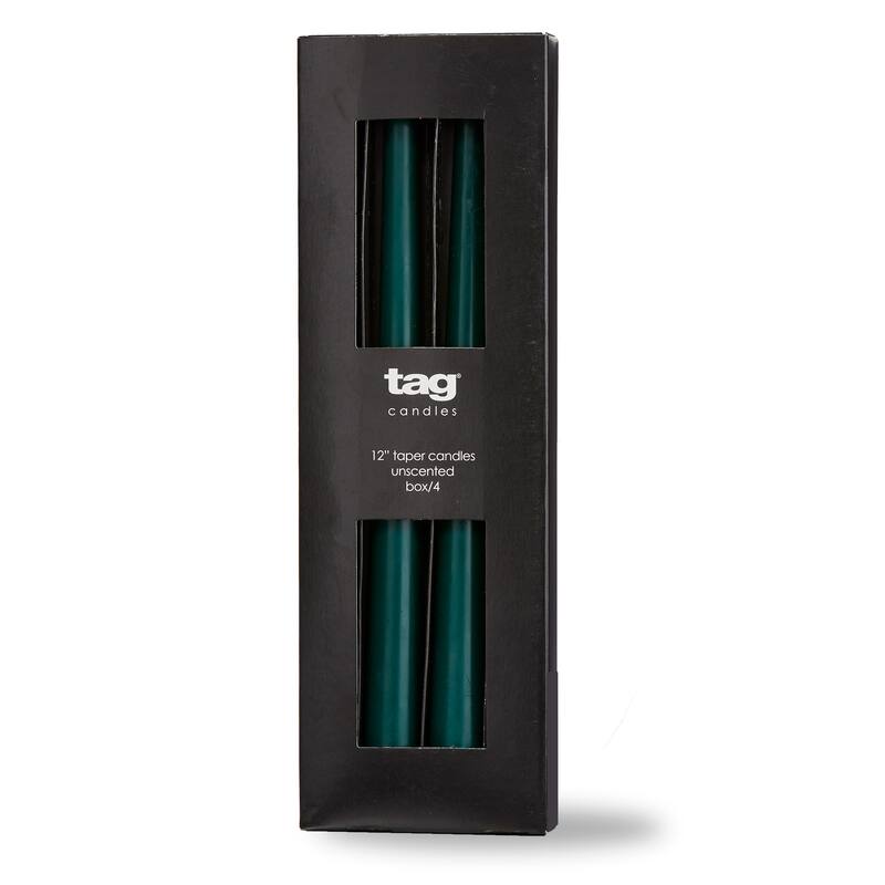 Color Studio 12" Traditional Taper Unscented Smokeless Paraffin Wax Candle Dark Green Set of 4 Burn Time 8 hrs.