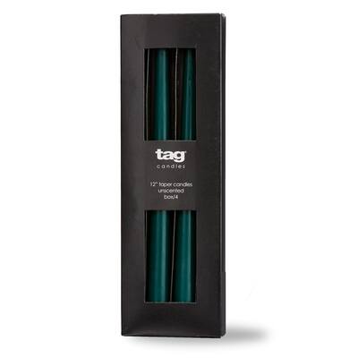 Color Studio 12" Traditional Taper Unscented Smokeless Paraffin Wax Candle Dark Green Set of 4 Burn Time 8 hrs.