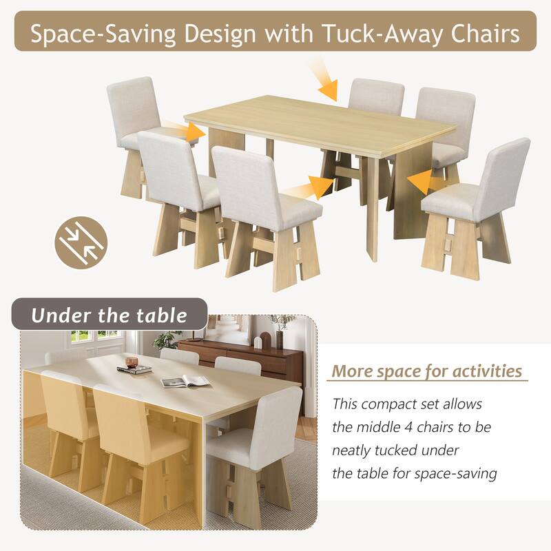 7-Piece Dining Table Set with 6 Upholstered Chairs, Solid Wood Farmhouse Design, Space-Saving, Modern Style for Dining Room