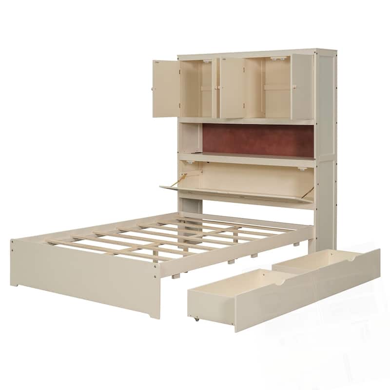 Full Size Wooden Platform Bed with USB and Drawers