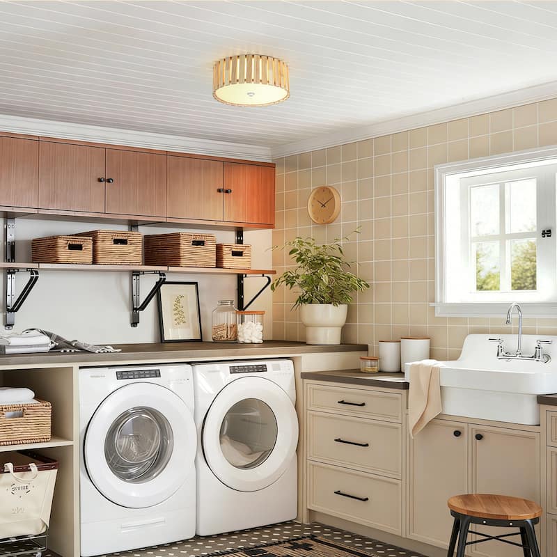 14.2" Rustic Boho Wooden Strips Cylindrical Drum Shade LED Flush Mount Ceiling Light for Living Room