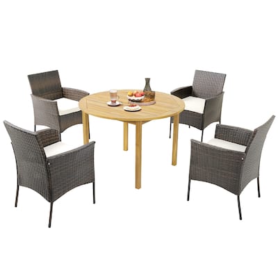 Gymax 5 PCS Patio Dining Set Round Acacia Wood Table 4 Cushioned