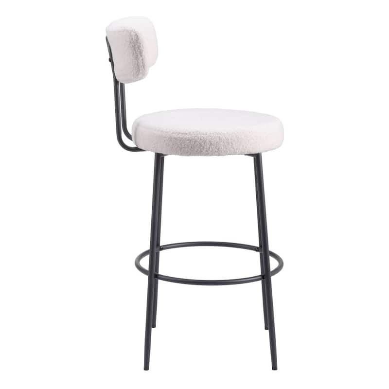 Set of Two 29" Ivory And Black Shearling And Steel Low Back Bar Height Bar Chairs