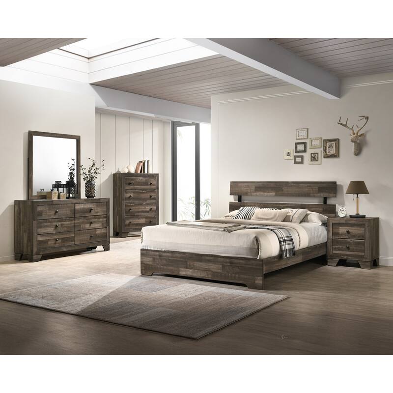 King Size Rustic Platform Bed with Slat Headboard - Low Profile Brown Wood Frame