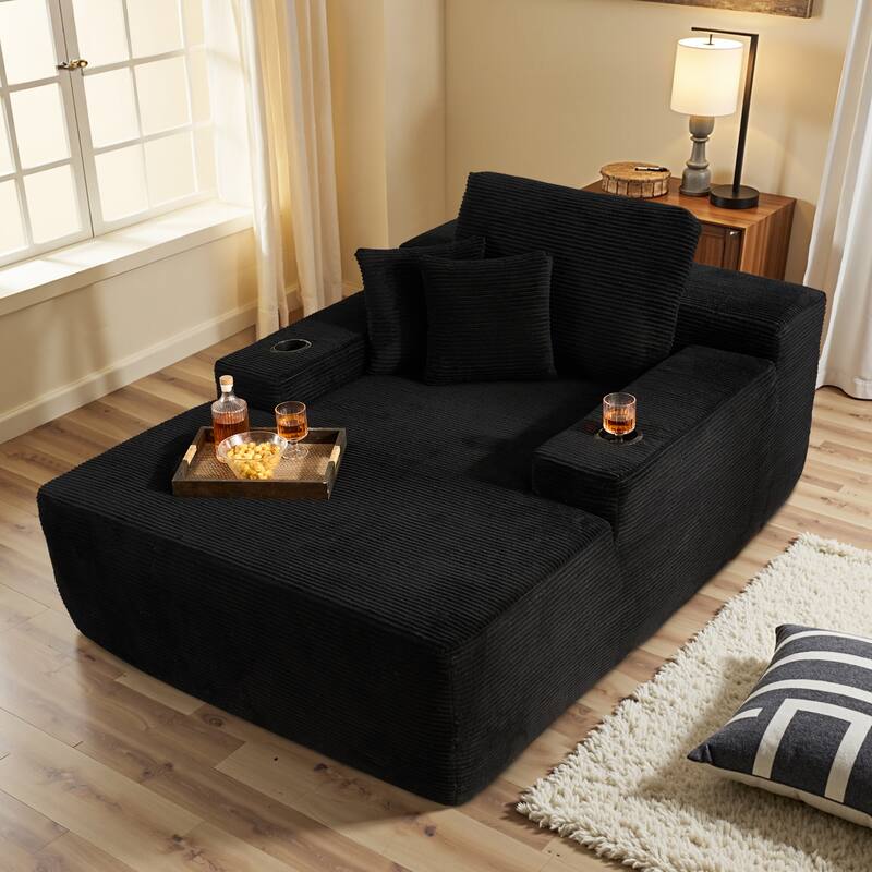 OVIOS Plush Convertible Floor Lounge Sofa with Cup Holder - Corduroy​ Black