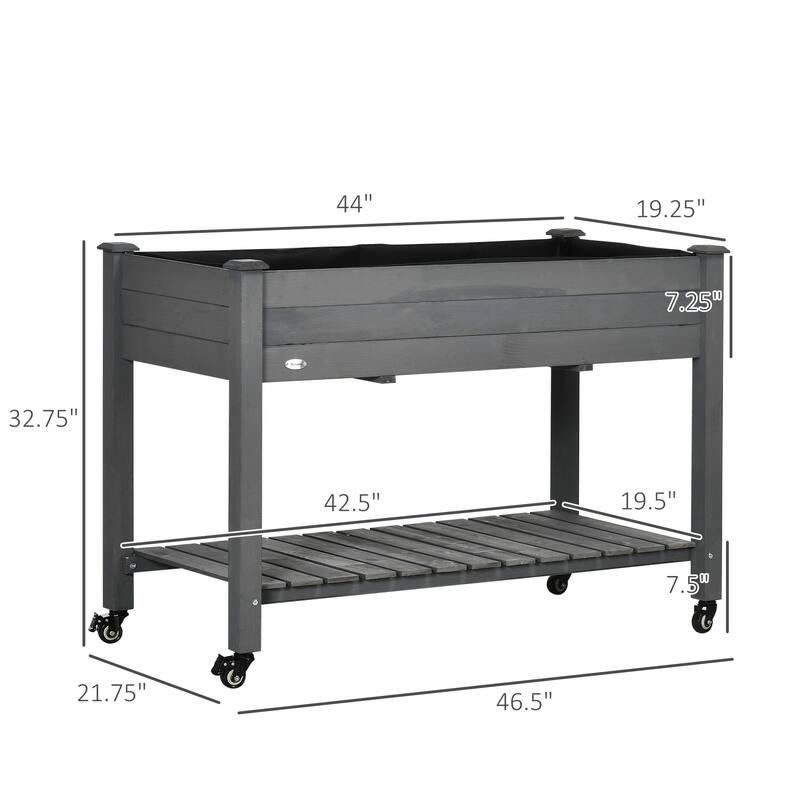 Outsunny 47" x 21" Raised Garden Bed Elevated Wooden Planter Box w/ Lockable Wheels, Storage Shelf and Bed Liner for Backyard