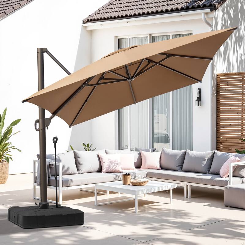 13 ft x 10 ft Outdoor Luxury Aluminum Patio Cantilever Offset Umbrella and Base with Wheels - Tan