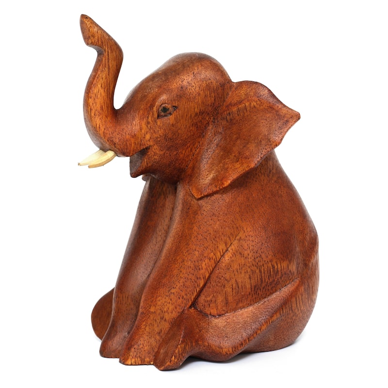 Wooden Hand Carved Sitting Elephant Statue Figurine Sculpture Decorative Home Decor Accent Handmade Handcrafted Decoration Wood