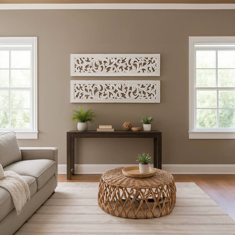 Ozy Carved Wall Art Panel Set of 2, Handcrafted Distressed White Mango Wood 50 Inch Tall