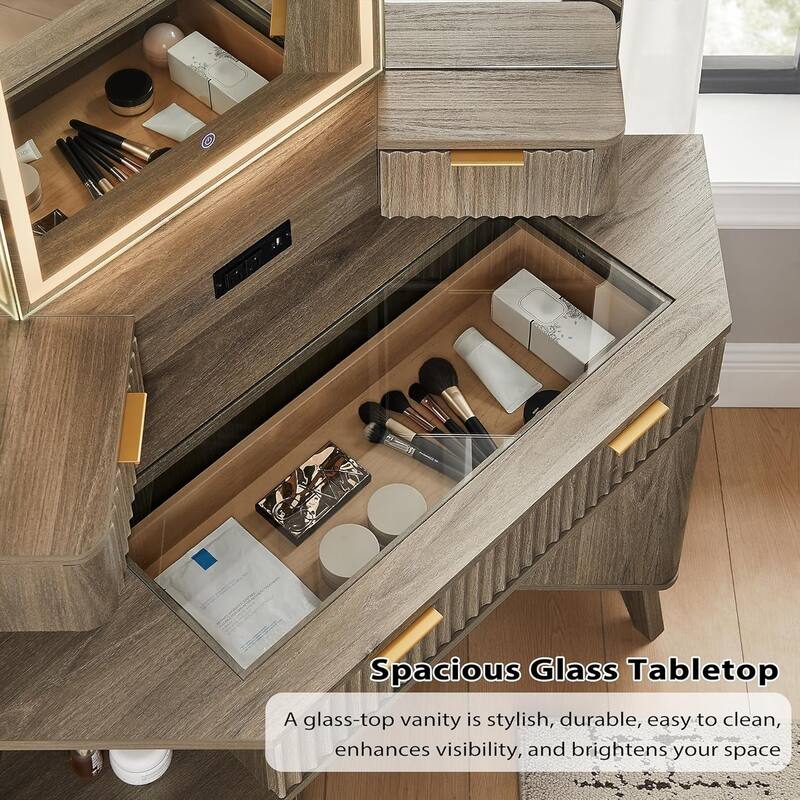 Modern Fluted Makeup Vanity Desk with 3 Way Mirror&Light, Vanity Table