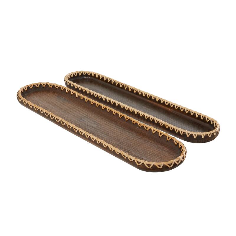 Wood Handmade Nesting Tray with Hand Sewn Seagrass Accents - Set of 2 Dark Brown - Roche River Decor - 7"W x 28"L x 2"H