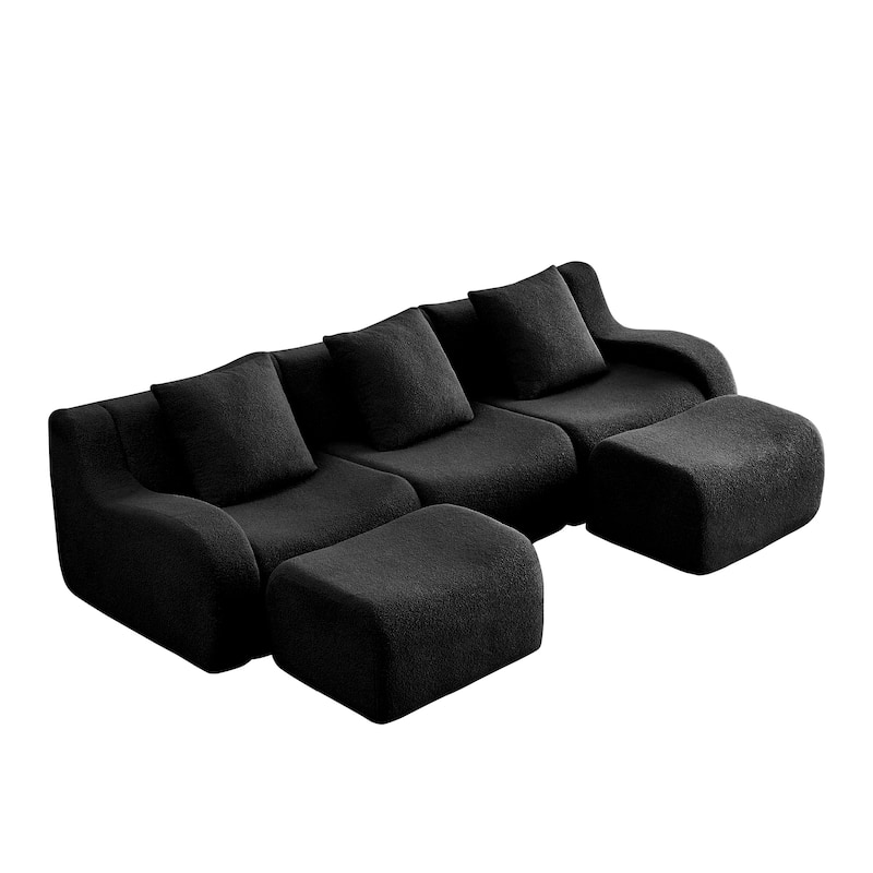 Sectional Couches for Living Room U-Shaped Boneless Couch, 3-Seat Sofa with Movable Ottoman, Floor Modular Teddy Fabric Sofa