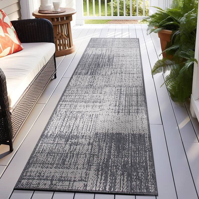 World Rug Gallery Distressed Boxes Indoor/Outdoor Area Rug - 2' x 7' Runner - Gray