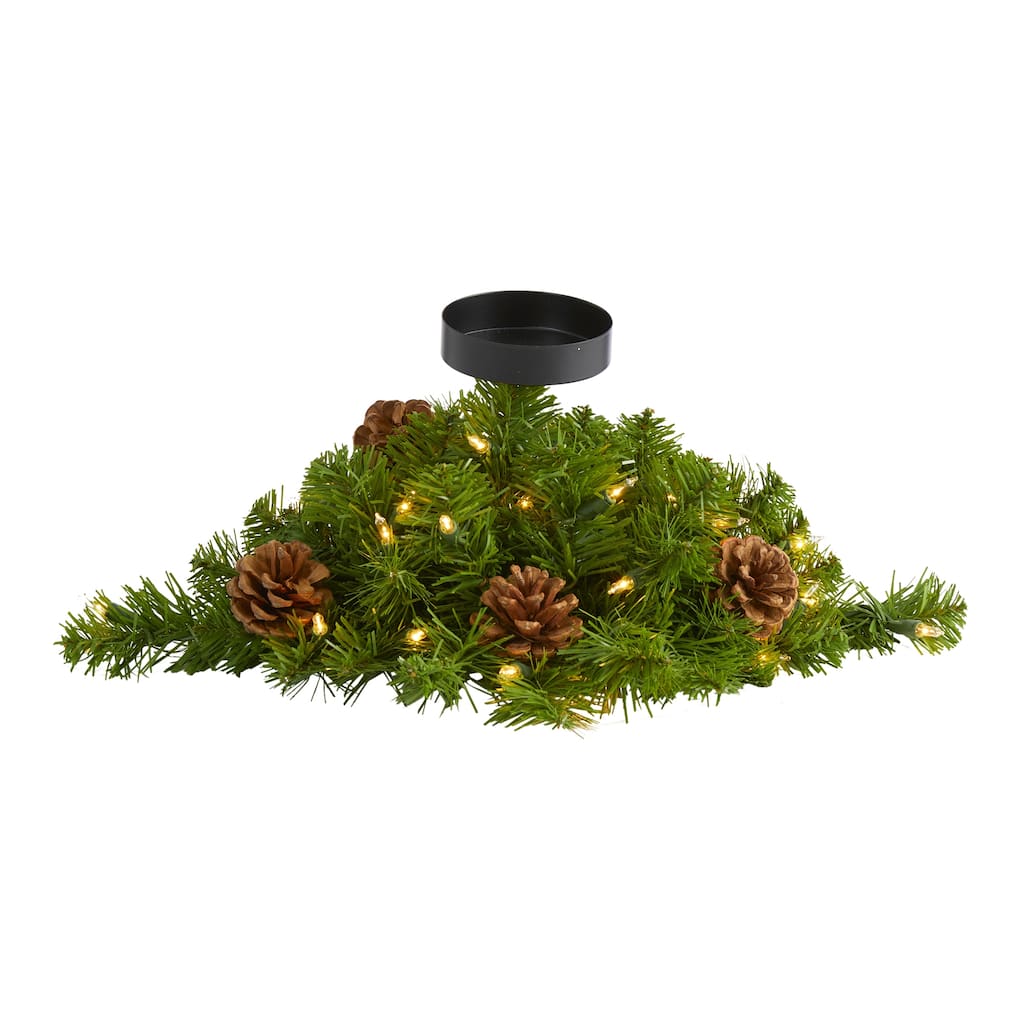 16" Pre-Lit Pine Artificial Christmas Candelabrum with Pinecones, Clear Lights