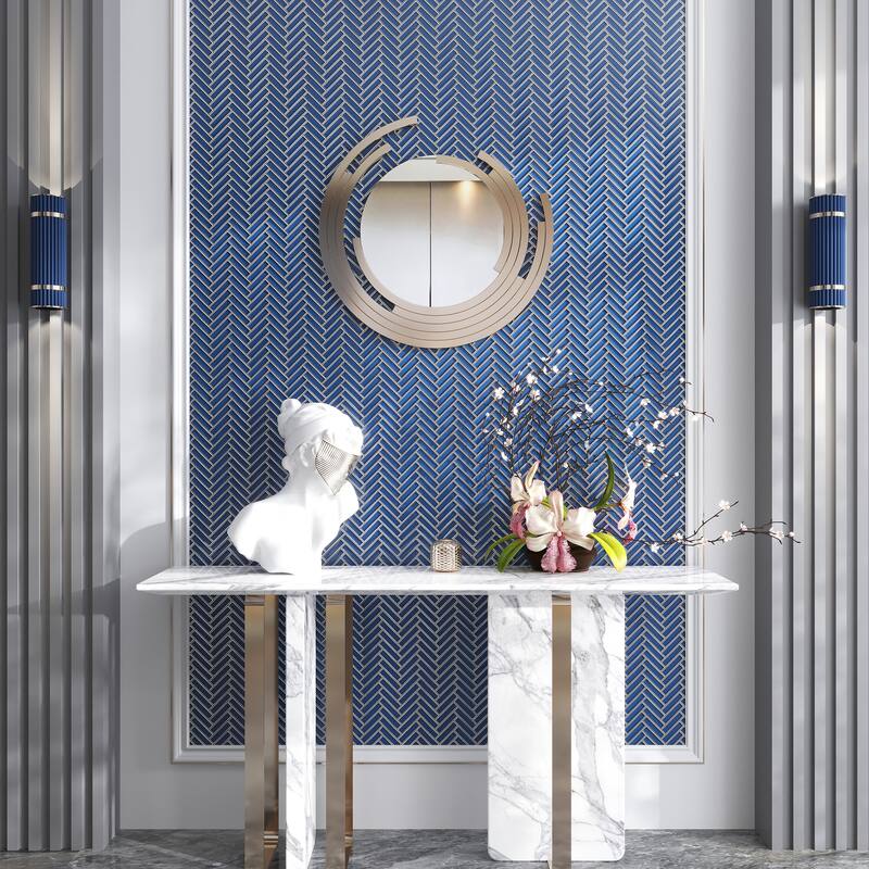 Mirari 12x12 in. Glossy Glass Herringbone Mosaic Wall Tile (4.59 sq ft/case, 5-Pack) - Blue, Gray