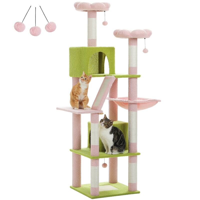Multi-Level Indoor Large Cat Tree Scratching Post with 2 Perches, 2 Condos, Hammock and 2 Pompoms