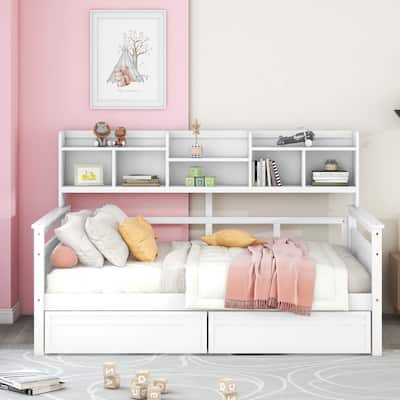 Full size Daybed, Wood Slat Support with Bedside Shelf and 2 Drawers, White