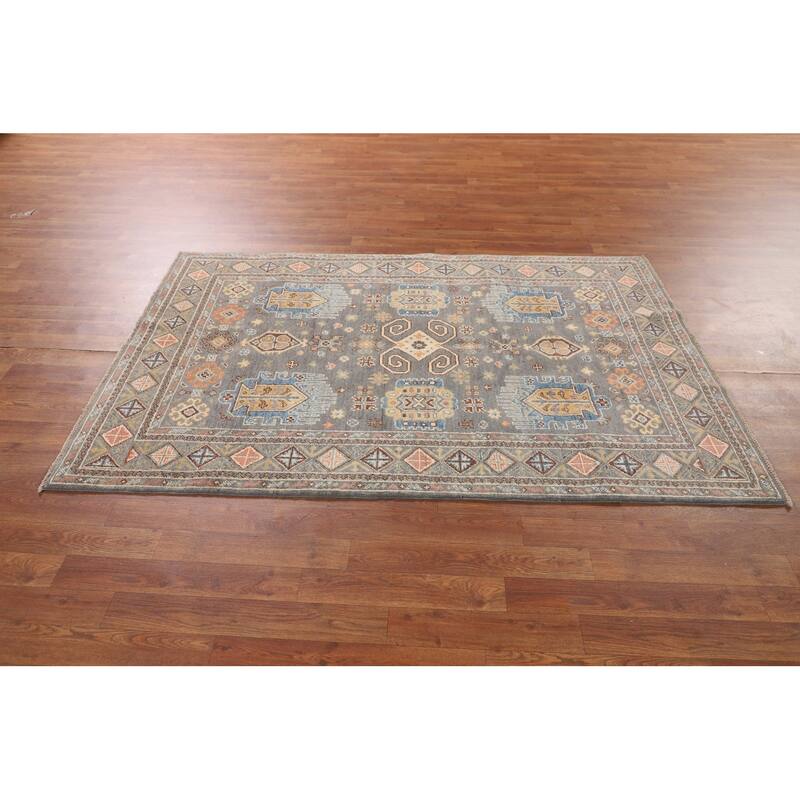 Traditional Kazak Oriental Area Rug Hand-Knotted Grey Wool Carpet - 4'1" x 6'2"