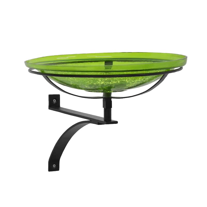 Achla Designs 14"Dia. Round Crackle Glass Birdbath w/Black Wrought Iron Wall Mount Bracket - Green