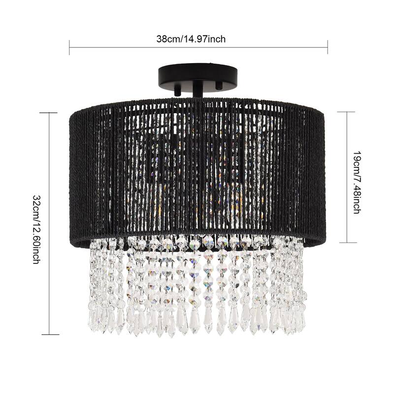 3 - Light Bohemian Rattan & Crystal Semi - Flush Mount Chandelier