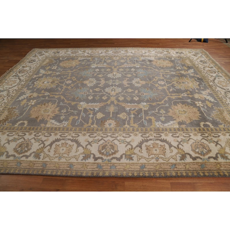 Geometric Gray Oushak Indian Area Rug Hand-Knotted Wool Carpet - 9'3"x 11'8"