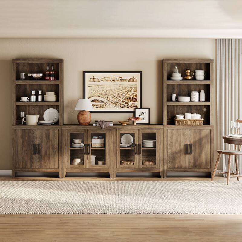WAMPAT Large Entertainment Center with Bookshelves, Farmhouse TV Stand with Storage Cabinets & Glass Doors