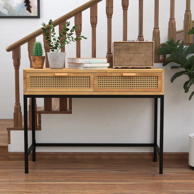 COZAYH 44" Woven Front Modern Farmhouse Console Table Sofa - Natural - MDF