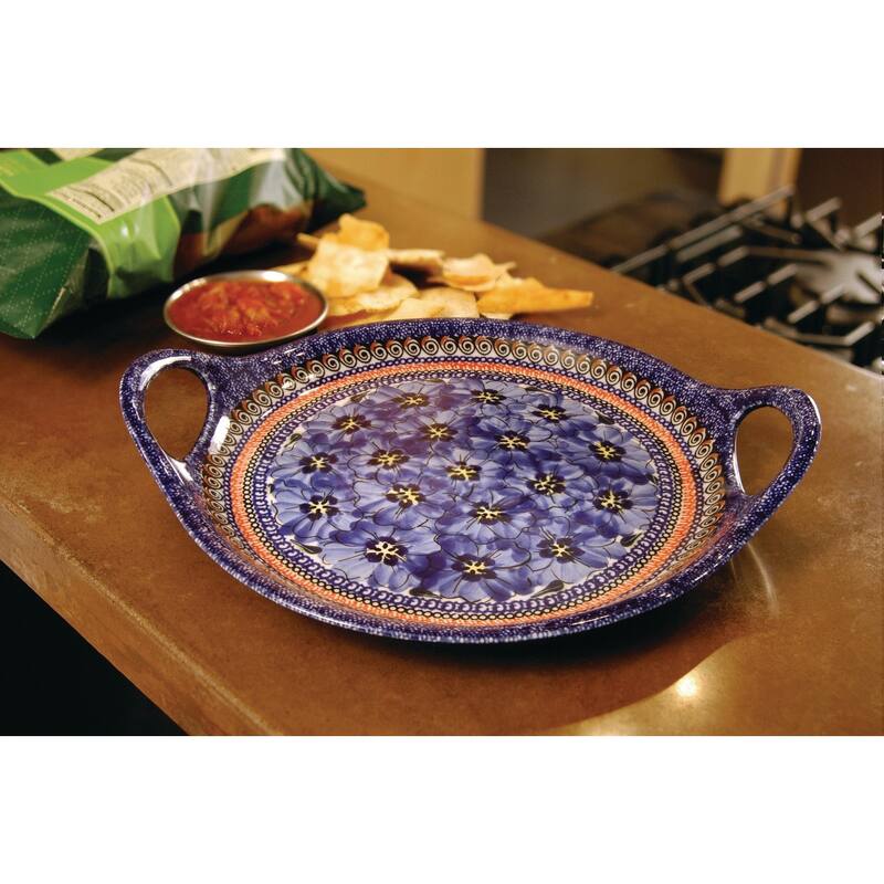 Blue Rose Polish Pottery 1333 Zaklady Round Serving Tray with Handles