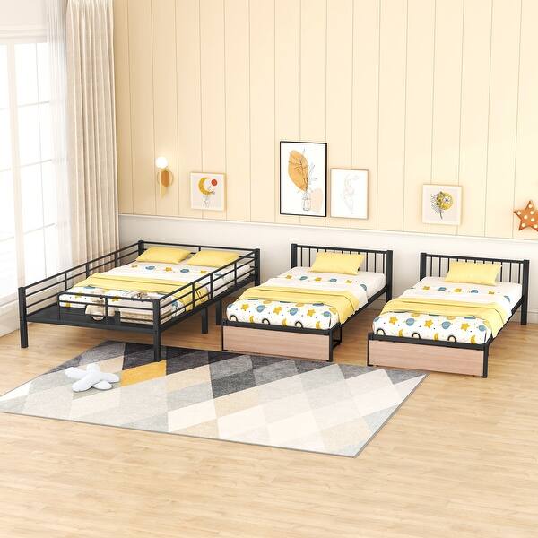 slide 2 of 12, Triple Bunk Bed with 2 Drawers Storage Bed, Full Over Twin - Twin Metal Frame Bed with Desks Shelves Underneath for Multi-child Black - Twin