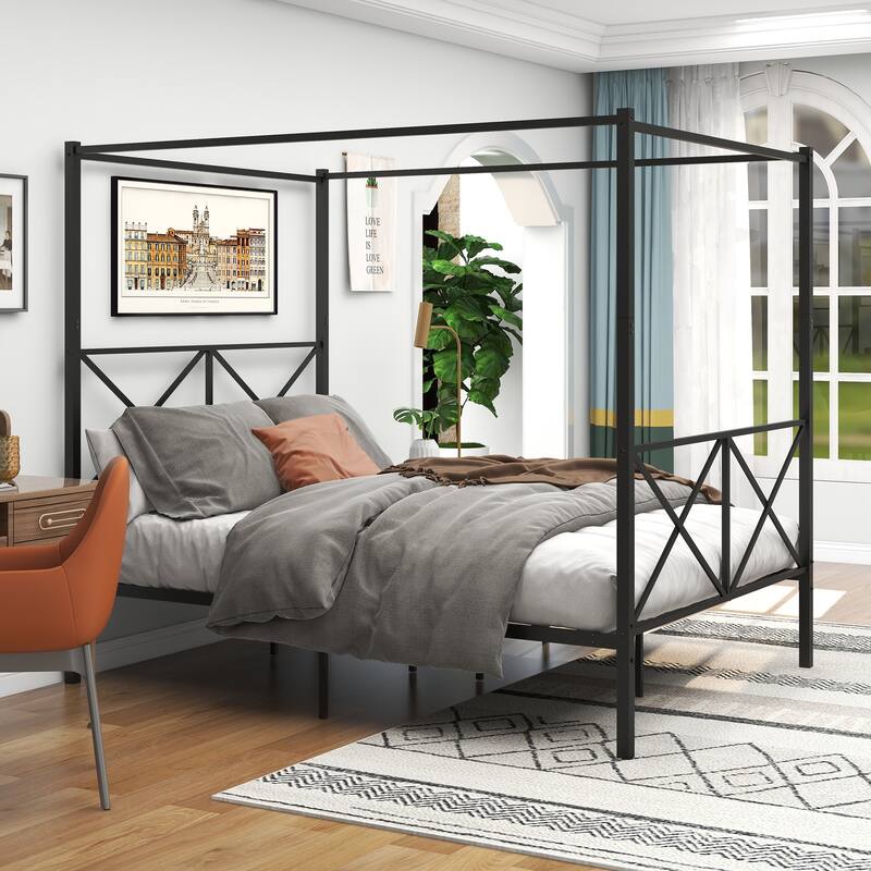 Metal Canopy Bed Frame, Platform Bed Frame with X Shaped Frame