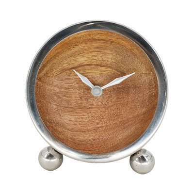 Sagebrook Home's 5" Round Wood Face Table Clock - Timeless Silver Steel, Wood, and Glass Design - 5" x 2" x 6"