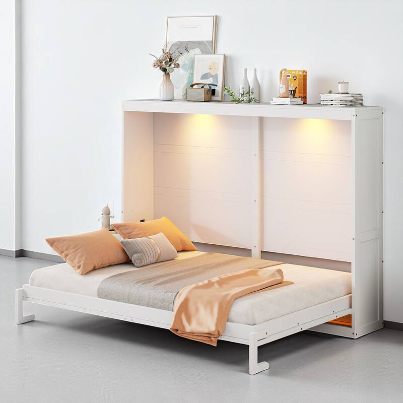 Queen Size Murphy Wall Bed with LED Lights, Folding Cabinet Design and Slatted Mattress Support