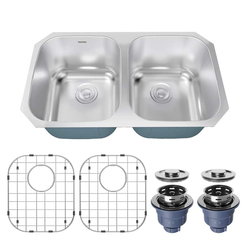 Karran Profile 32" Undermount 18 Gauge Double Bowl Stainless Steel Kitchen Sink with Accessories